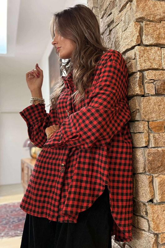 Zeta Otto Brushed Cotton Plaid Shirt Red Black